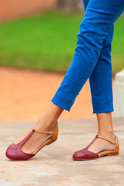 Colorblock Round Toe T-Strap Buckle Burgundy Flats