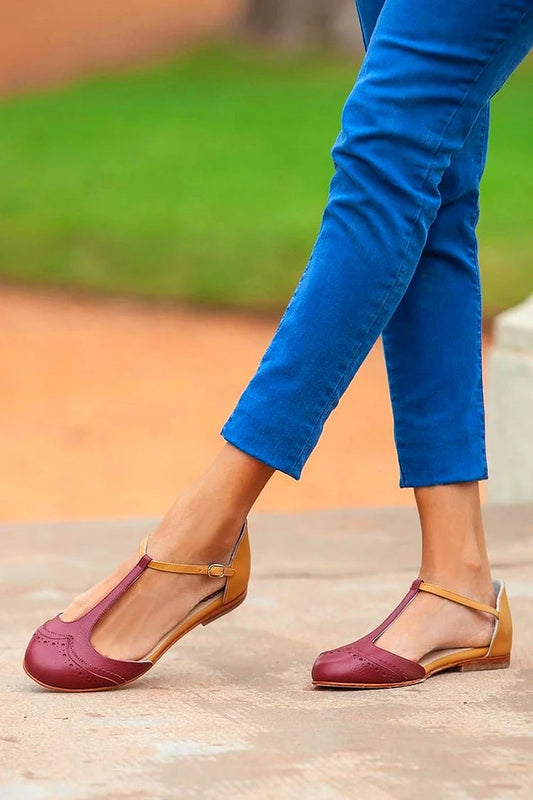 Colorblock Round Toe T-Strap Buckle Burgundy Flats
