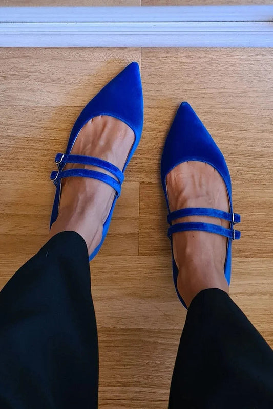 Two Straps Buckles Solid Color Pointed Toe Blue Flats