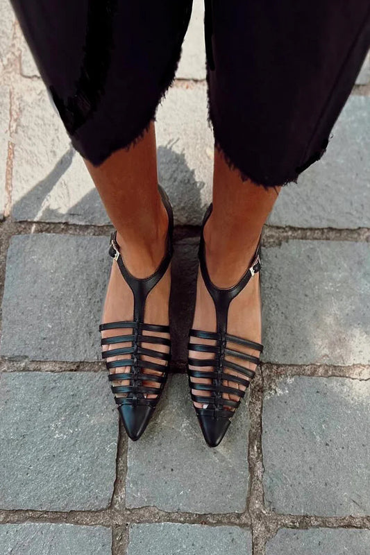 T-Strap Buckle Hollow Out Pointed Toe Black Flats