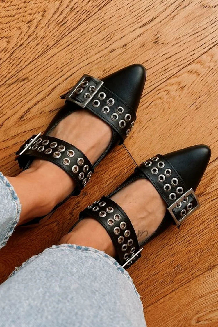 Metallic Eyelets Instep Strap Buckle Pointed Toe Black Flats