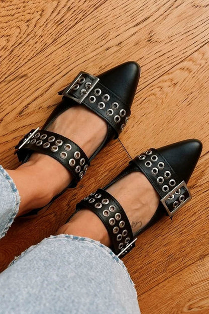Metallic Eyelets Instep Strap Buckle Pointed Toe Black Flats