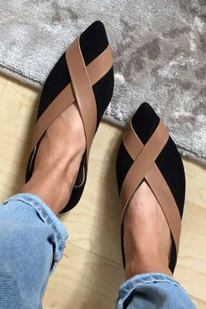 Suede Colorblock Crisscross Strap Pointed Toe Flats
