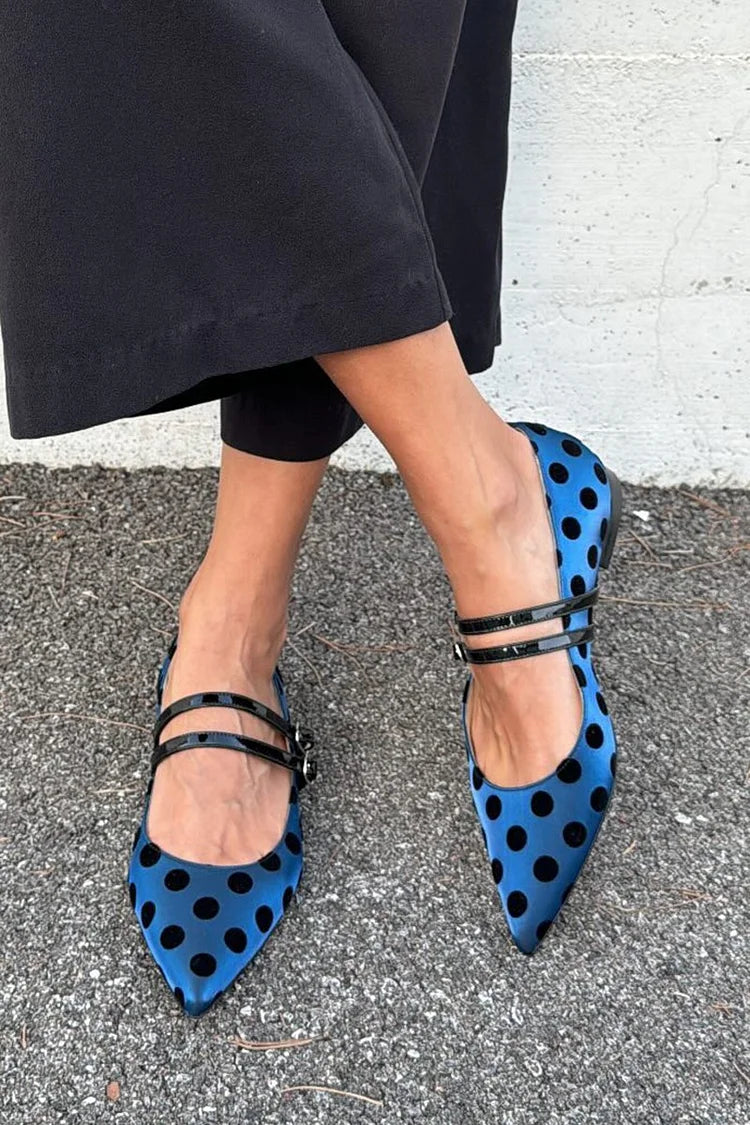 Dot Print Two Straps Buckles Pointed Toe Blue Flats