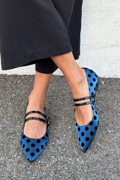 Dot Print Two Straps Buckles Pointed Toe Blue Flats