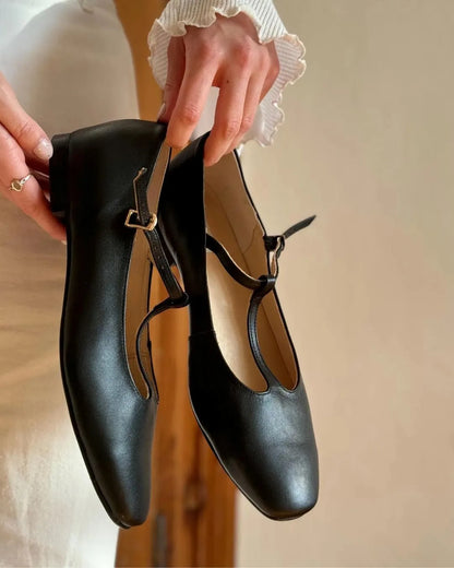 Round Toe T-Strap Leather Solid Color Ankle Strap Flats