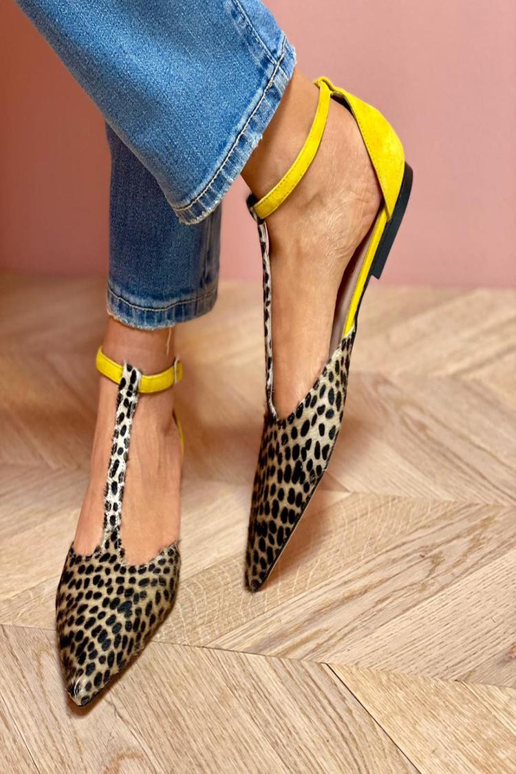 Leopard Print T-Strap Buckle Colorblock Pointed Toe Flats