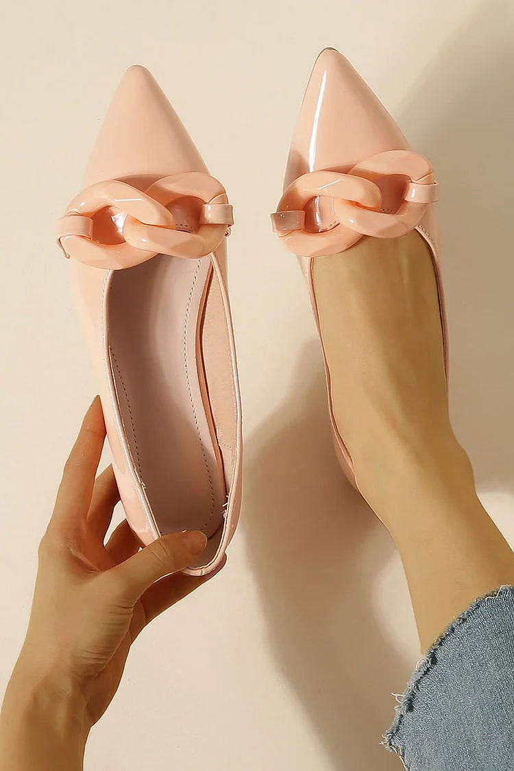 Patent Leather Chain Trim Pointy Toe Casual Flats