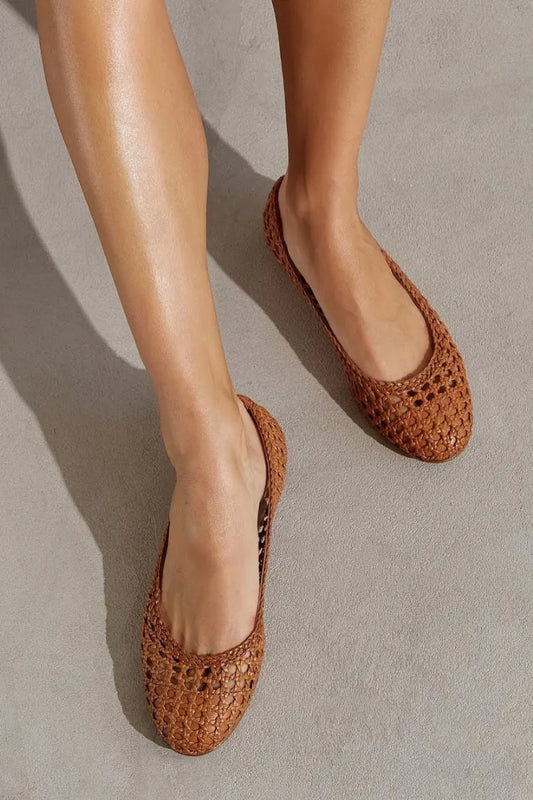 Woven Leather Round Toe Slip On Brown Ballet Flats