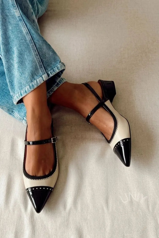 Vintage Bicolor Pointed Toe Studded Mary Jane Flats