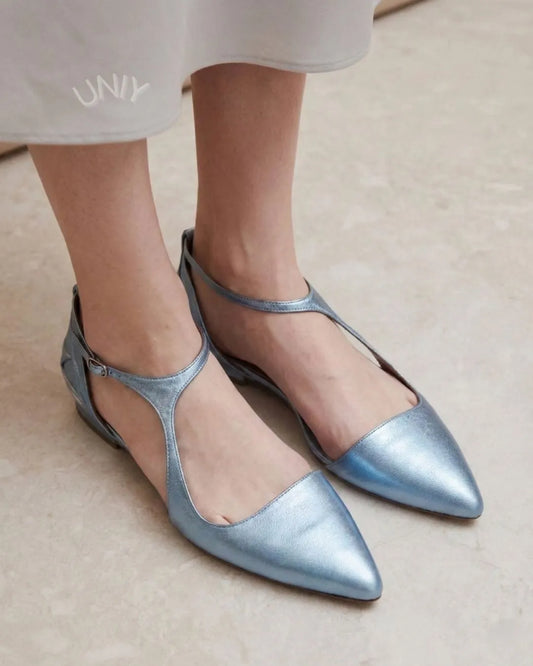 Chic Metallic Blue Pointed Toe T-Strap Versatile Flats