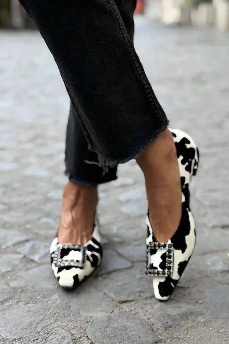 Square Decor Cow Print Pointed Toe Casual White Flats