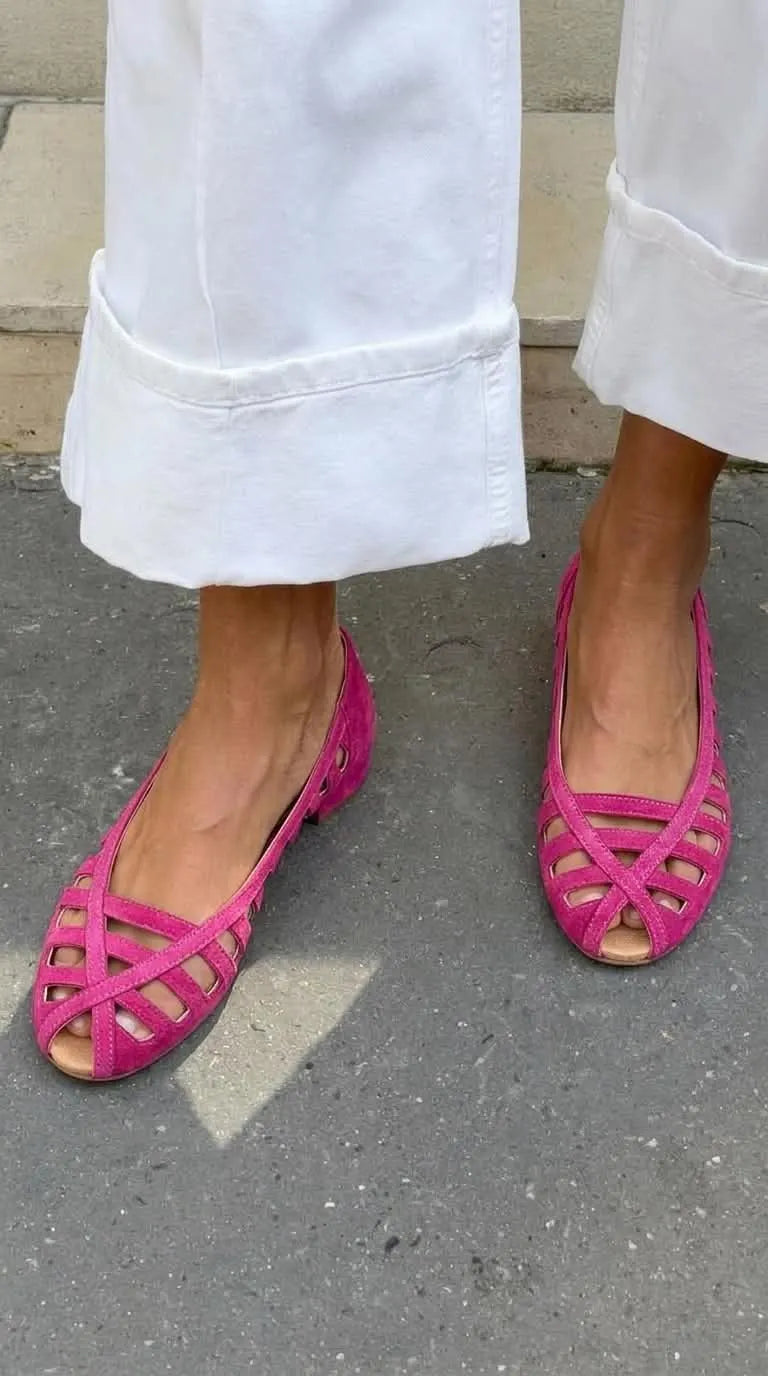 Lattice Cutout Peep Toe Closed Back Fuchsia Ballet Flats