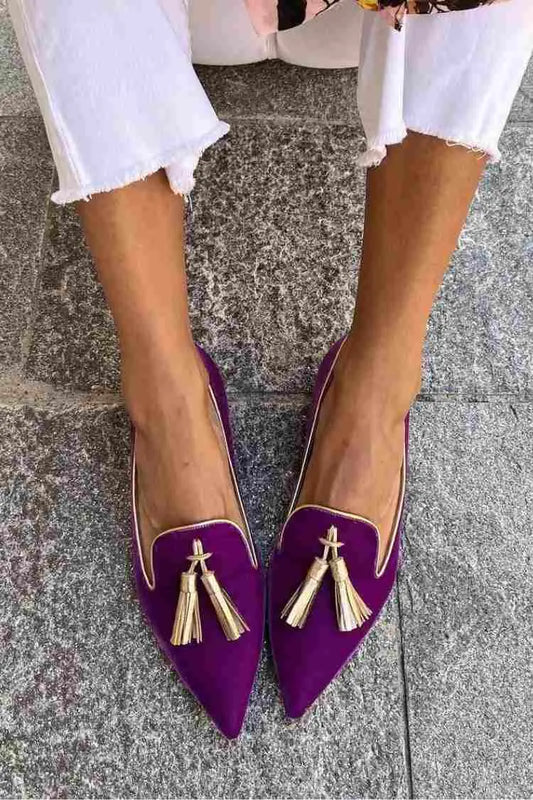 Breathable Faux Leather Decor Tassels Pointy Colorblock Toe Flats