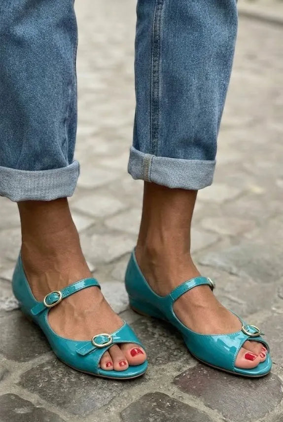 Teal Patent Peep Toe Double Buckle Teal Mary Jane Flats