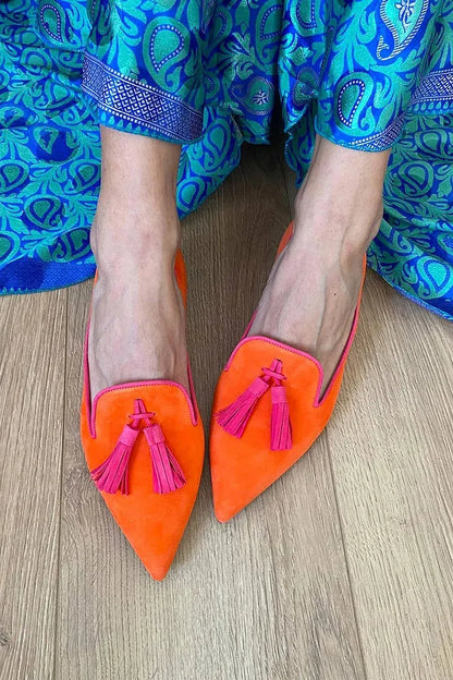 Breathable Faux Leather Decor Tassels Pointy Colorblock Toe Flats