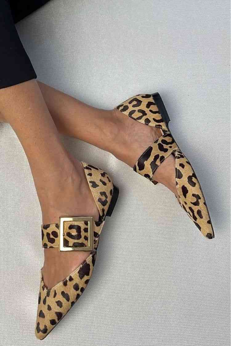 Leopard Print Buckle Strap Pointy Flats