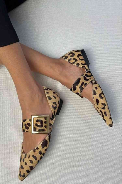 Leopard Print Buckle Strap Pointy Flats