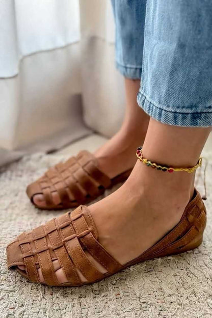 Faux Leather Woven Cutout Peep Toe Flats