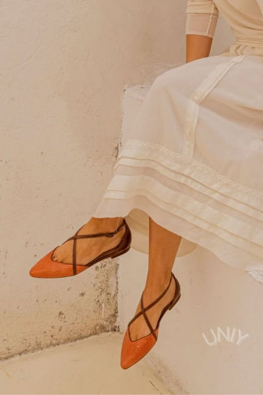 Vintage Orange Snakeskin Crossover Strap Pointed Toe Flats