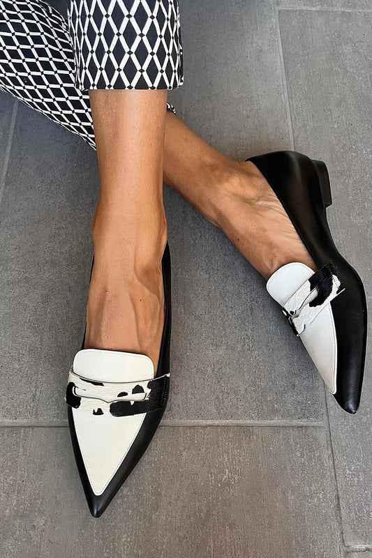 Colorblock Pointed Toe Cow Print Black Flats