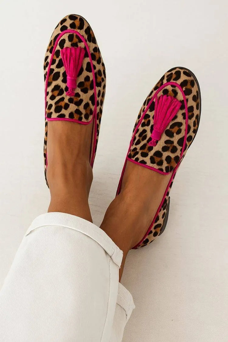 Leopard Print Neon Trim Tassel Smoking Flats