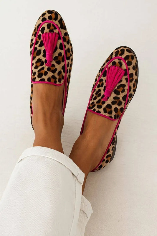 Leopard Print Neon Trim Tassel Smoking Flats