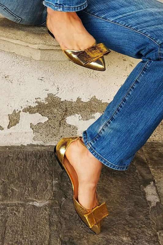 Bow Decor Ankle Strap Buckle Pointed Toe Gold Flats