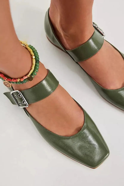 Solid Color Square Toe Instep Strap Buckle Army Green Flats