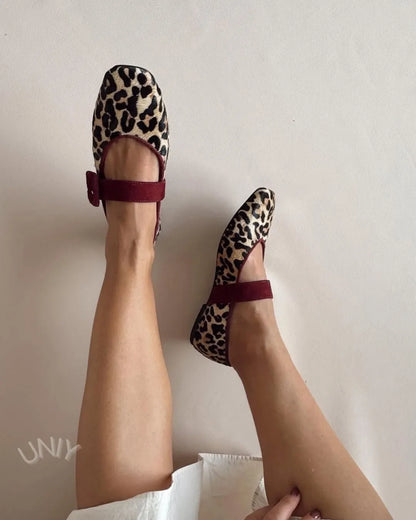 Leopard Print Burgundy Buckle Ankle Strap Mary Jane Flats