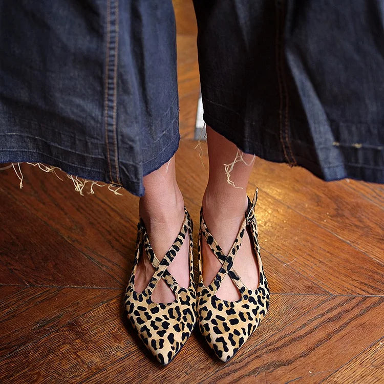 Crossover Strap Buckle Leopard Print Pointed Toe Beige Flats
