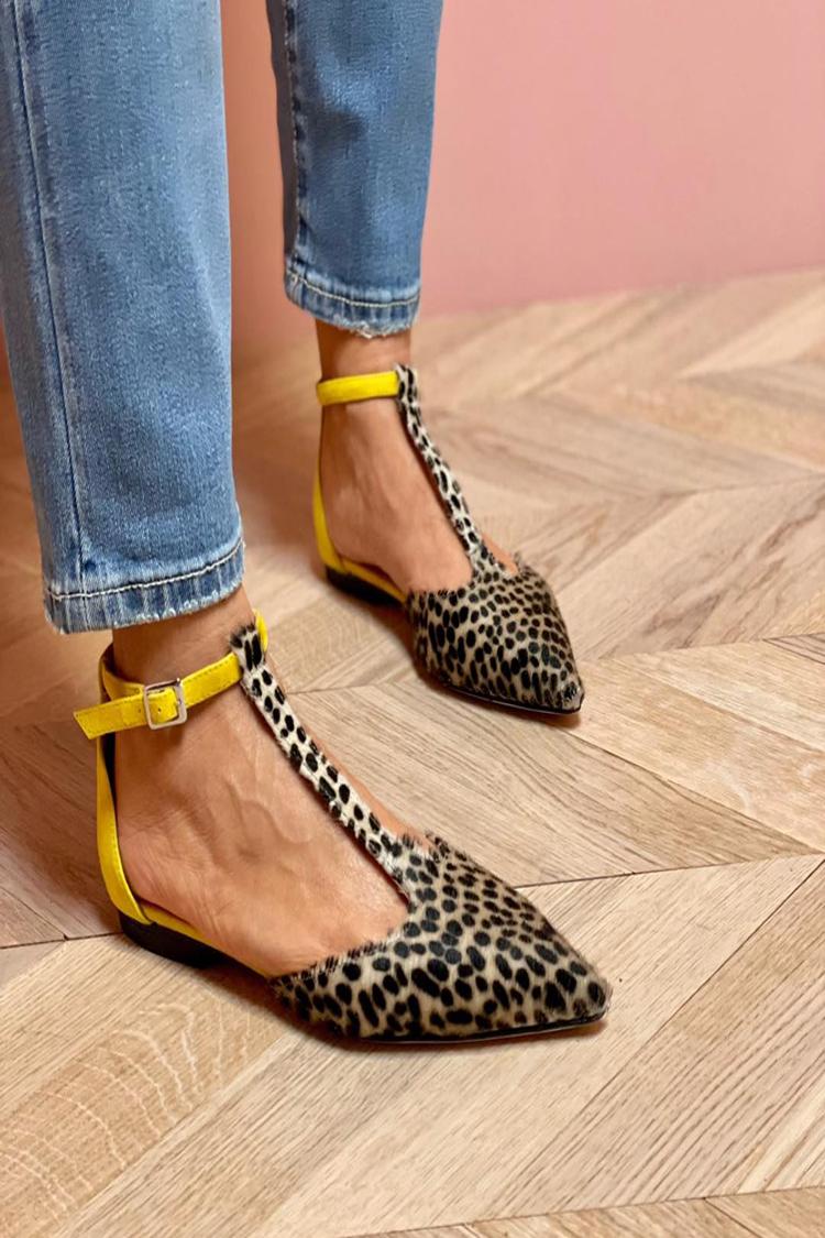 Leopard Print T-Strap Buckle Colorblock Pointed Toe Flats