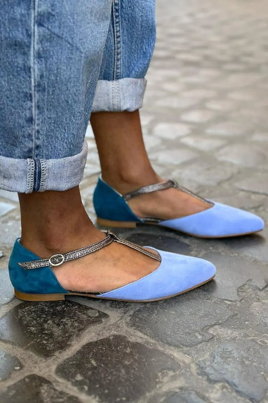 T-Strap Buckle Colorblock Pointed Toe Blue Flats