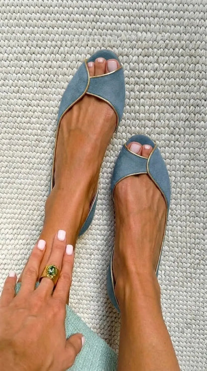Suede Gold Trim Peep Toe D'Orsay Beige Flats