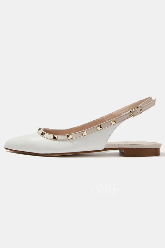 Chic Ivory White Studded Pointed Toe Slingback Flats