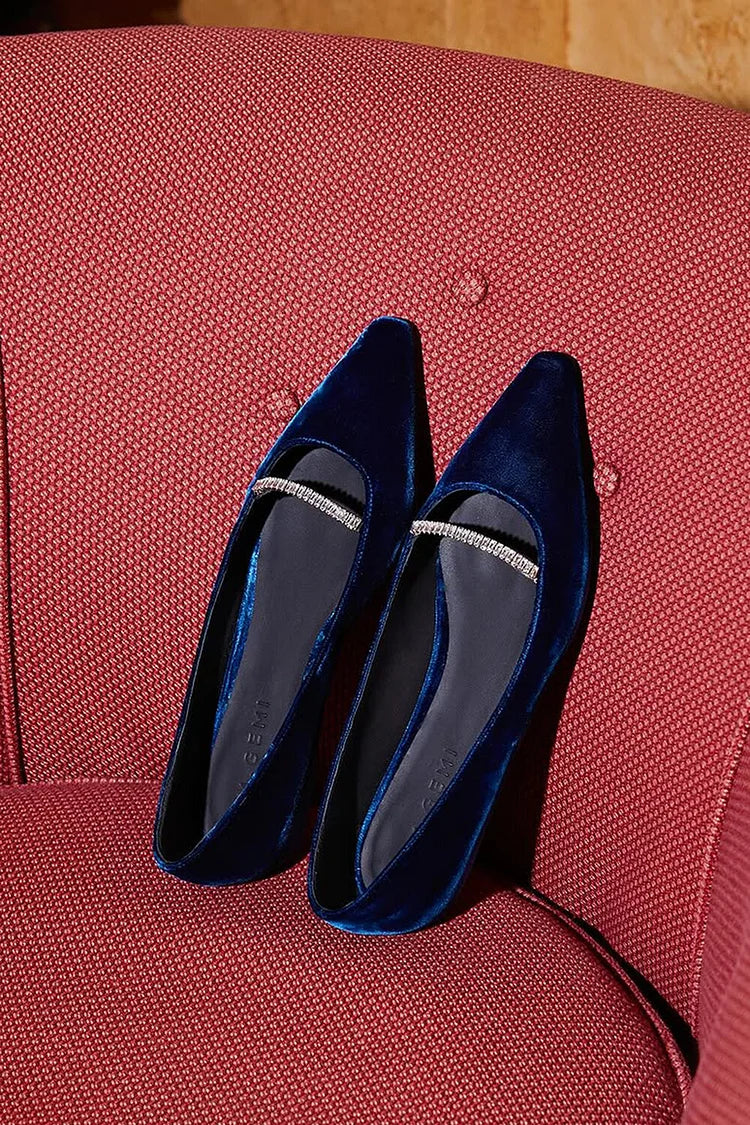 Rhinestone Decor Velvet Pointed Toe Navy Flats