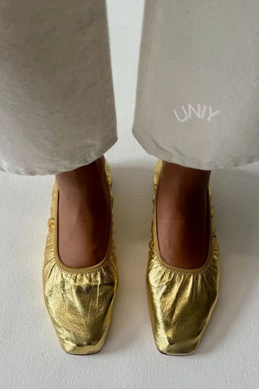 Chic Gold Metallic Square Toe Gathered Ballet Flats
