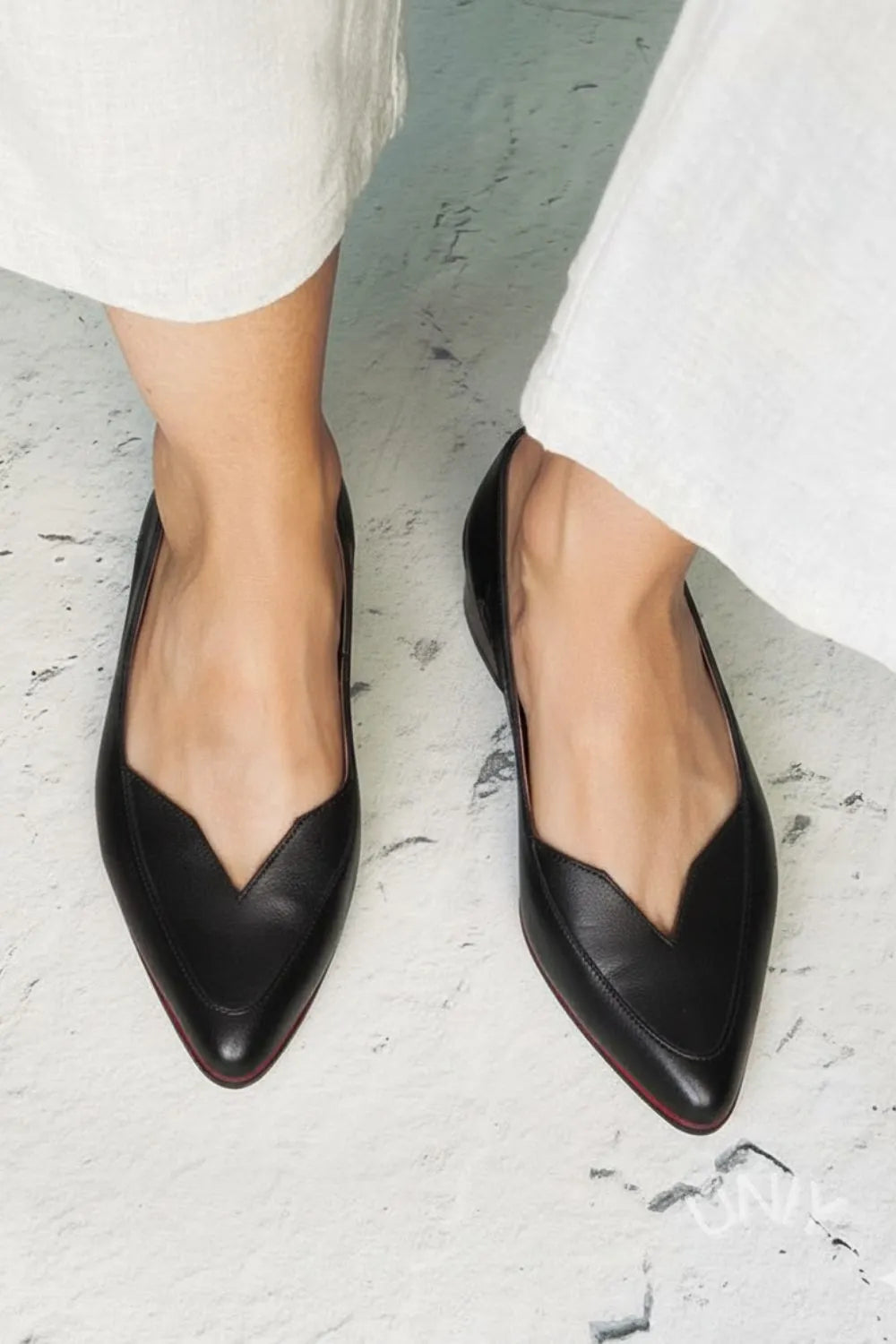 Black Leather V-Cut Pointed Flats
