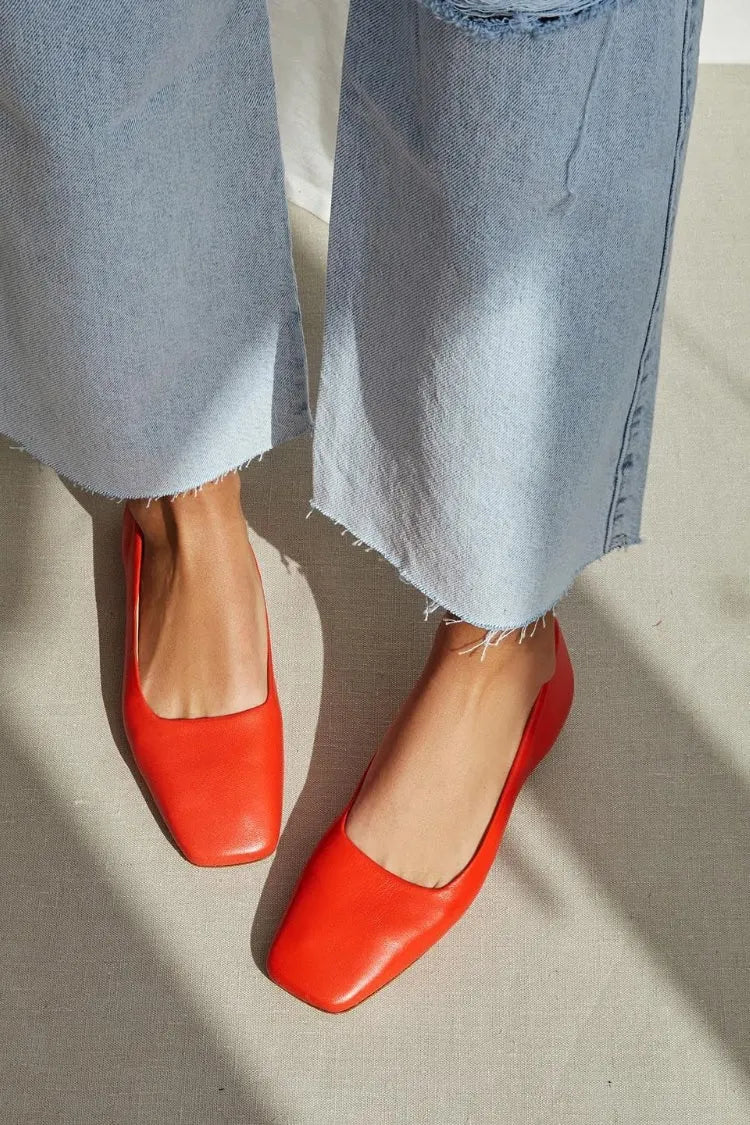 Smooth Leather Square Toe Slip On Red Ballet Flats