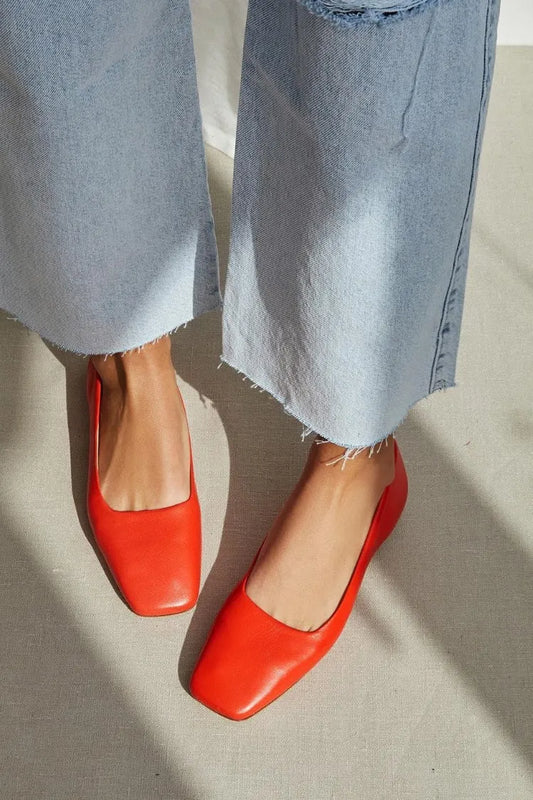Smooth Leather Square Toe Slip On Red Ballet Flats
