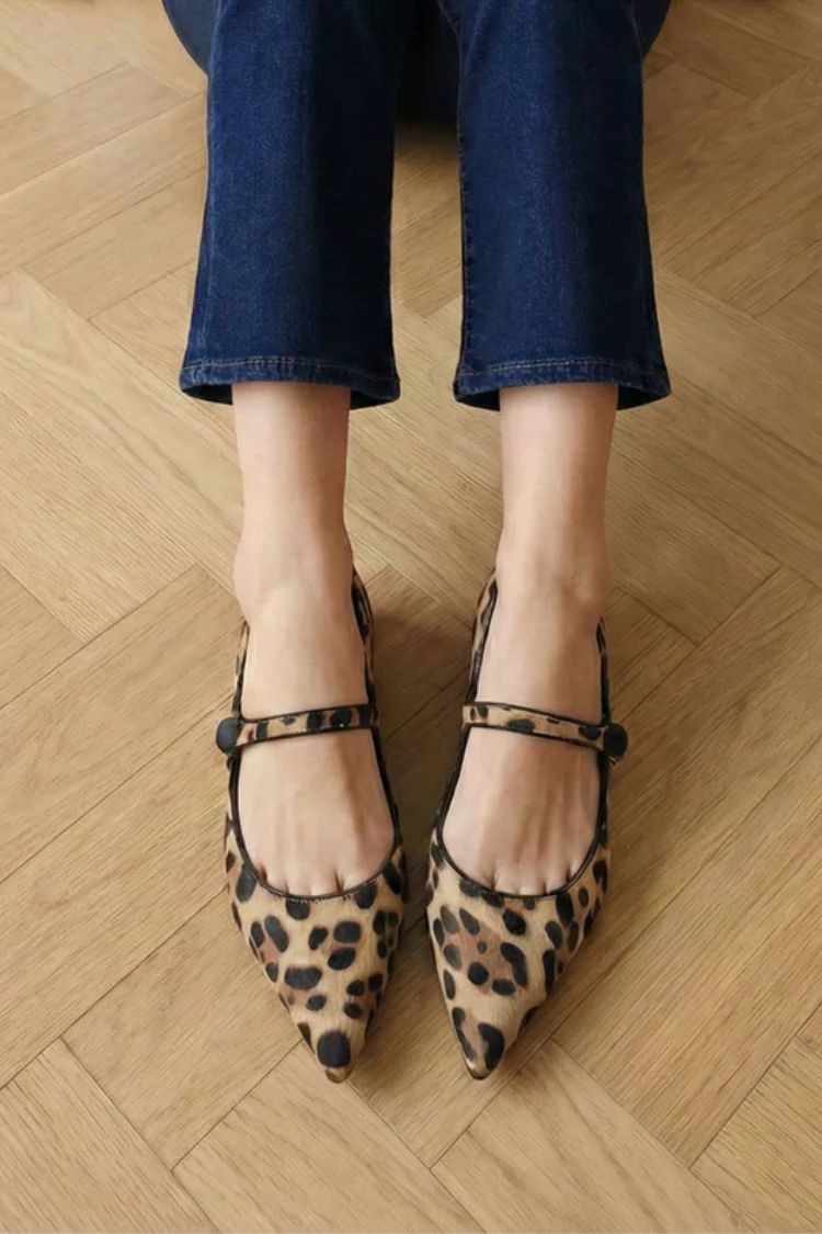 Vintage Leopard Print Calf Hair Pointed Mary Jane Flats