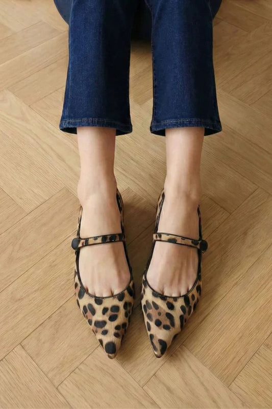 Vintage Leopard Print Calf Hair Pointed Mary Jane Flats