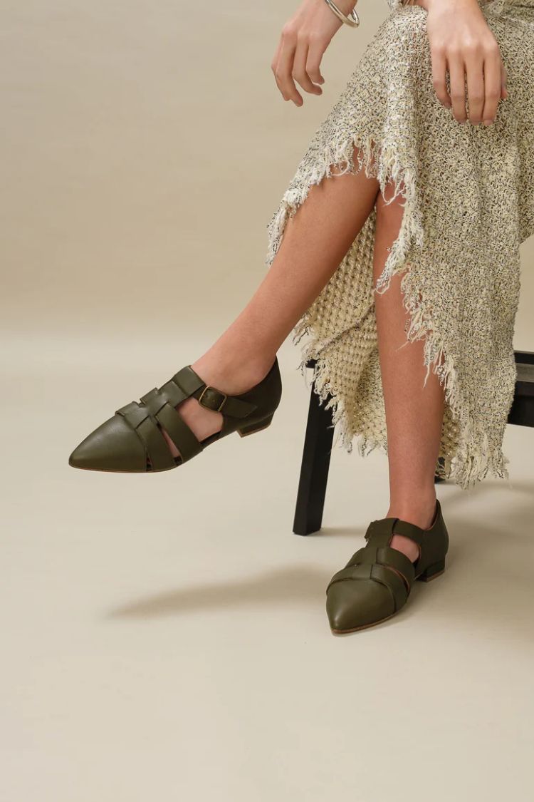 Green Pointed Toe Strappy Cut-Out Mary Jane Flats