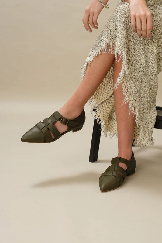 Green Pointed Toe Strappy Cut-Out Mary Jane Flats