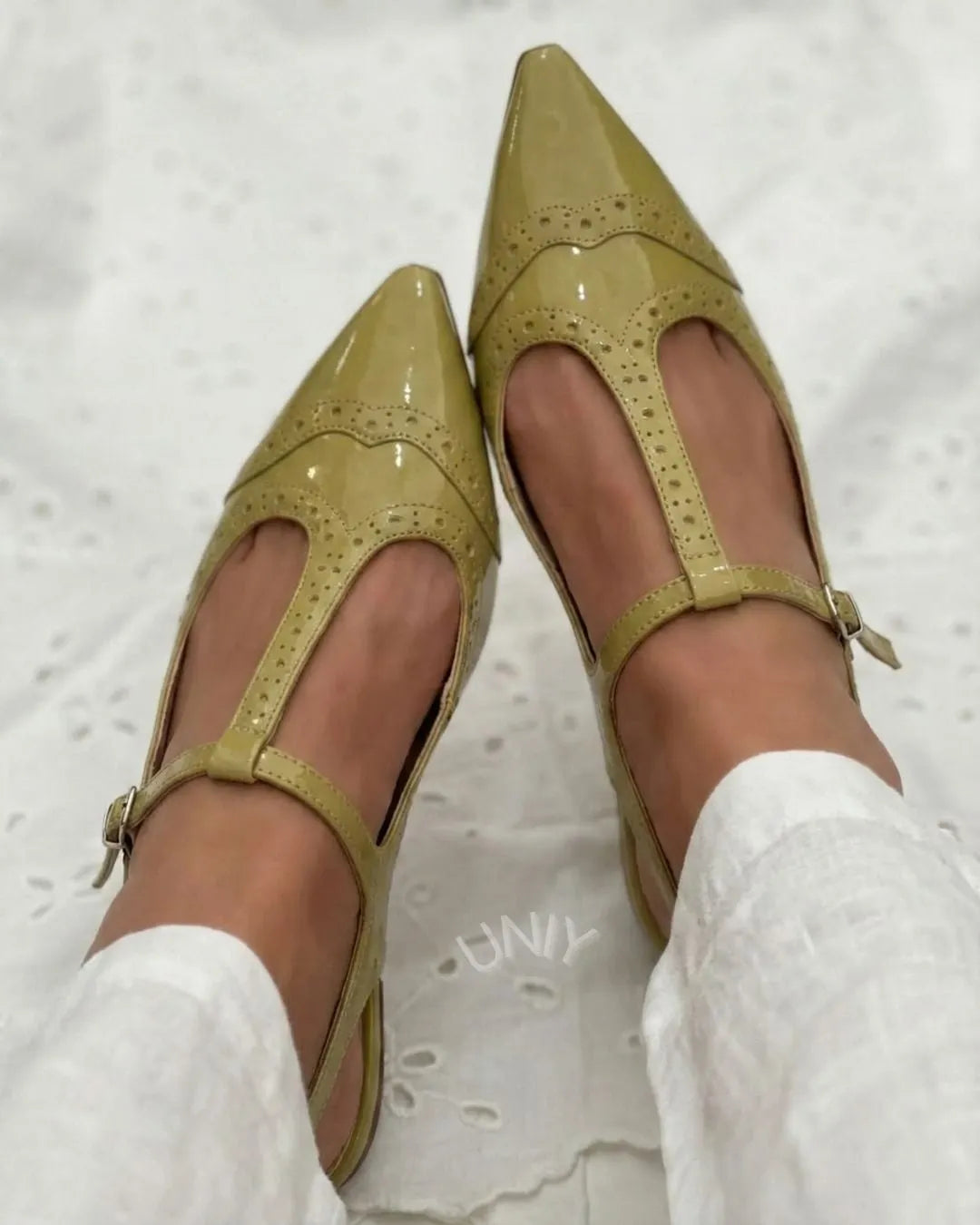 Green Patent Perforated T-Strap Pointed Toe Mary Jane Flats