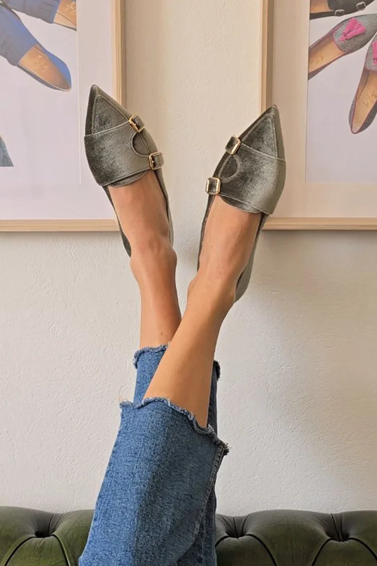Solid Color Patchwork Buckles Pointed Toe Gray Flats