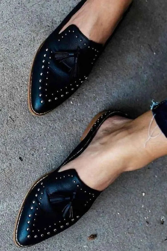 Faux Leather Studded Tassels Pointy Slip-On Mule Flats