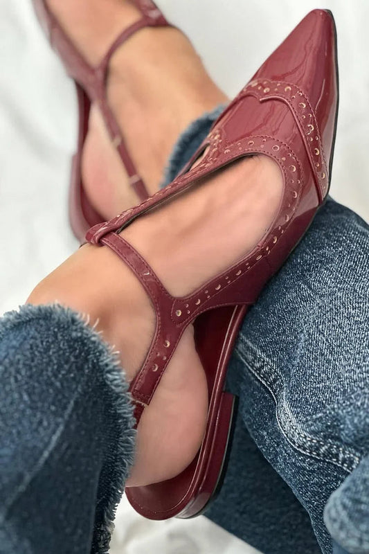 T-Strap Buckle Patchwork Pointed Toe Burgundy Flats