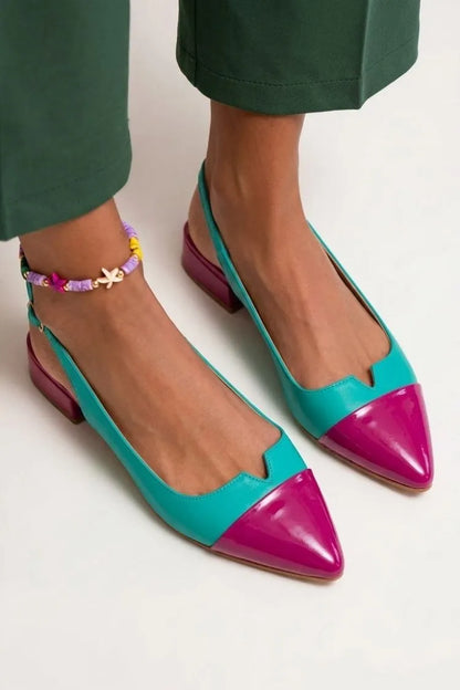 Colorblock Cut Out Buckle Slingback Strap Pointy Toe Flats
