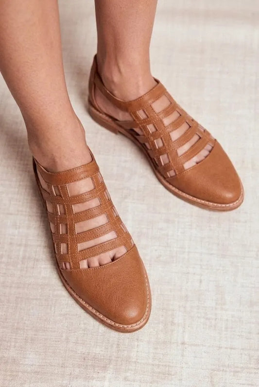 Caged Faux Leather Closed Toe Strappy Tan Flats